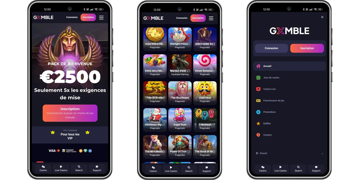 Version mobile optimisée du site Gxmble Casino sur smartphone